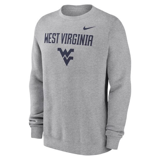 Dark grey heather Nike WVU crew sweatshirt with West Virginia over the Flying WV Logo front screen print